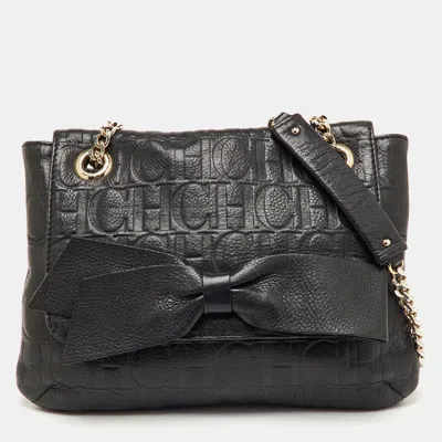 Ch Carolina Herrera Black Monogram Embossed Leather Audrey Bow Flap Shoulder Bag
