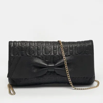Pre-owned Ch Carolina Herrera Black Monogram Embossed Leather Bow Flap Chain Shoulder Bag