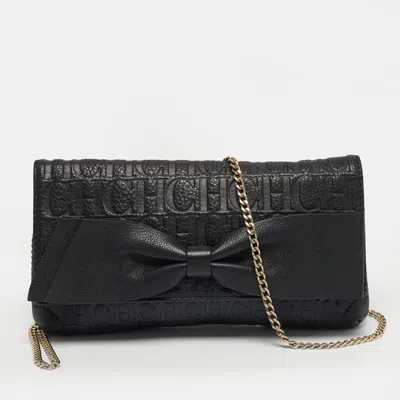 Ch Carolina Herrera Black Monogram Embossed Leather Bow Flap Chain Shoulder Bag