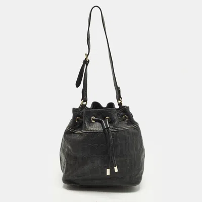 Pre-owned Ch Carolina Herrera Black Monogram Embossed Leather Drawstring Bucket Bag