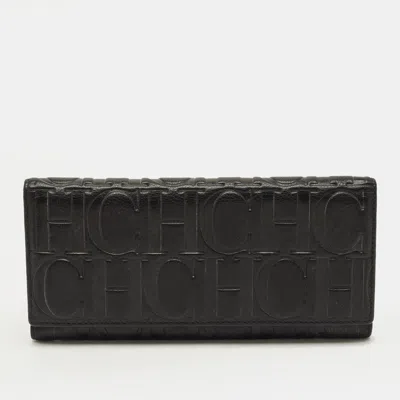 Ch Carolina Herrera Black Monogram Embossed Leather Flap Continental Wallet