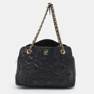 Pre-owned Ch Carolina Herrera Black Monogram Embossed Leather Shoulder Bag