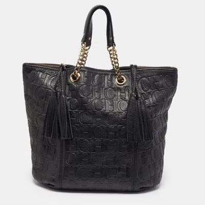 Pre-owned Ch Carolina Herrera Black Monogram Embossed Leather Tassel Tote
