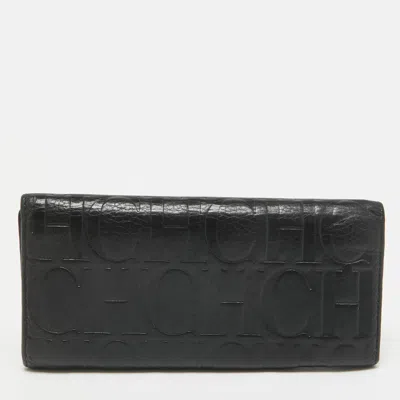 Pre-owned Ch Carolina Herrera Black Monogram Embossed Leather Trifold Continental Wallet