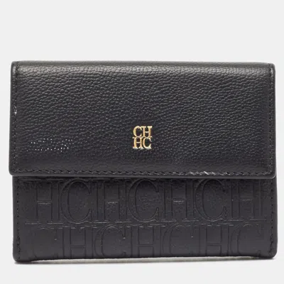 Pre-owned Ch Carolina Herrera Black Monogram Leather Compact Wallet