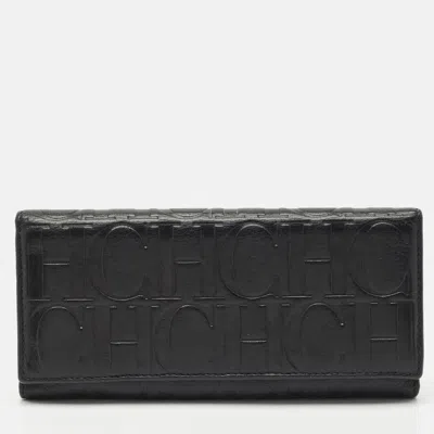 Pre-owned Ch Carolina Herrera Black Monogram Leather Flap Continental Wallet