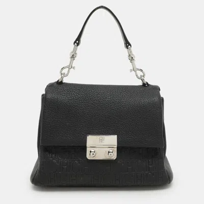 Pre-owned Ch Carolina Herrera Black Monogram Leather Mini Baret Top Handle Bag