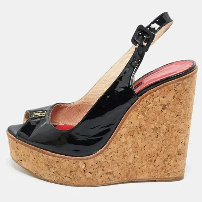 Ch Carolina Herrera Black Patent Leather Peep Toe Bow Espadrille Wedge Sandals