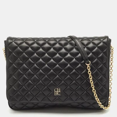 Pre-owned Ch Carolina Herrera Black Quilted Leather Flap Chain Shoulder Bag