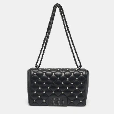 Pre-owned Ch Carolina Herrera Black Quilted Leather Pearl Studded Flap Chain Shoulder Bag