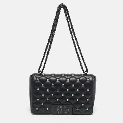 Ch Carolina Herrera Black Quilted Leather Pearl Studded Flap Chain Shoulder Bag