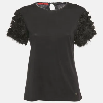 Pre-owned Ch Carolina Herrera Black Rose Applique Detail Cotton Blend Frayed T-shirt L
