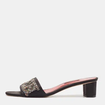 Ch Carolina Herrera Black Satin And Glitter Slide Sandals In Multi