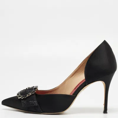 Pre-owned Ch Carolina Herrera Black Satin Crystal Embellished Pointed Toe Pumps Size 39