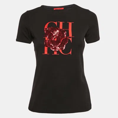 Pre-owned Ch Carolina Herrera Black Sequin Rose And Ch Embroidered Jersey T-shirt Xs
