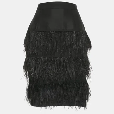 Pre-owned Ch Carolina Herrera Black Silk And Cotton Feather Detail Knee-length Skirt S