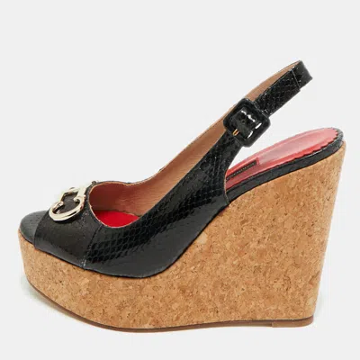 Pre-owned Ch Carolina Herrera Black Snakeskin Embossed Leather Wedge Sandals Size 38