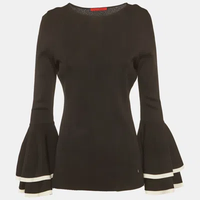 Ch Carolina Herrera Black Stretch Knit Flared Sleeve Top In Brown