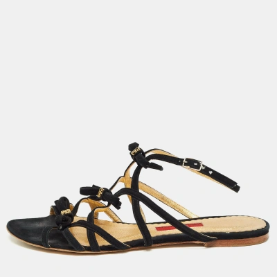 Pre-owned Ch Carolina Herrera Black Suede Slingback Flat Sandals Size 38