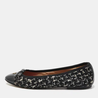 Pre-owned Ch Carolina Herrera Black Tweed And Patent Leather Bow Ballet Flats Size 37