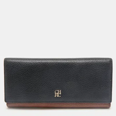 Pre-owned Ch Carolina Herrera Black/brown Leather Long Trifold Wallet