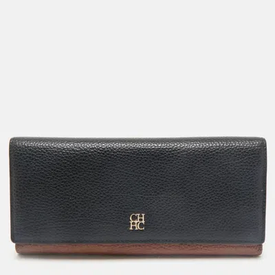 Ch Carolina Herrera Black/brown Leather Long Trifold Wallet