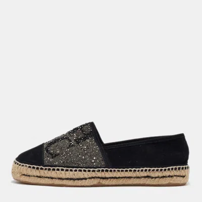 Pre-owned Ch Carolina Herrera Black/silver Crystal Embellished Suede Espadrille Flats Size 39