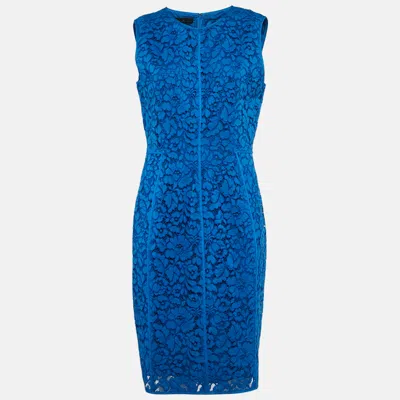 Pre-owned Ch Carolina Herrera Blue Floral Pattern Lace Sheath Dress L