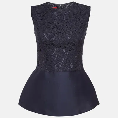 Pre-owned Ch Carolina Herrera Blue Lace And Crepe Peplum Top S In Navy Blue