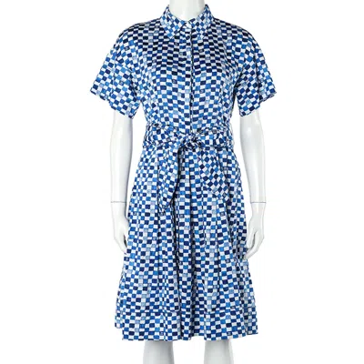 Ch Carolina Herrera Blue Logo Grid Print Cotton Belted Dress
