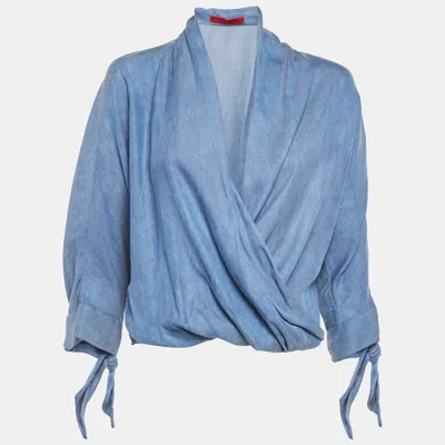 Pre-owned Ch Carolina Herrera Blue Lyocell Plunging Neck Blouse Xs