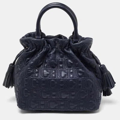 Pre-owned Ch Carolina Herrera Blue Monogram Embossed Leather String Bucket Bag