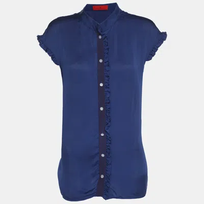 Pre-owned Ch Carolina Herrera Blue Satin Ruffle Tops L