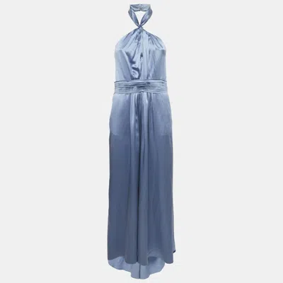 Pre-owned Ch Carolina Herrera Blue Silk Halter Neck Pleated Maxi Dress M