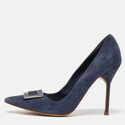 Pre-owned Ch Carolina Herrera Blue Suede Pointed Toe Pumps Size 40