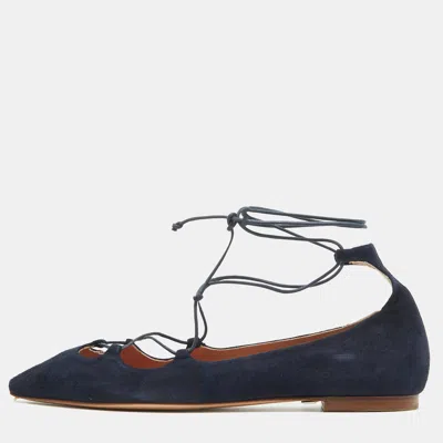 Pre-owned Ch Carolina Herrera Blue Suede Pointed Toe Tie Up Ballet Flats Size 37