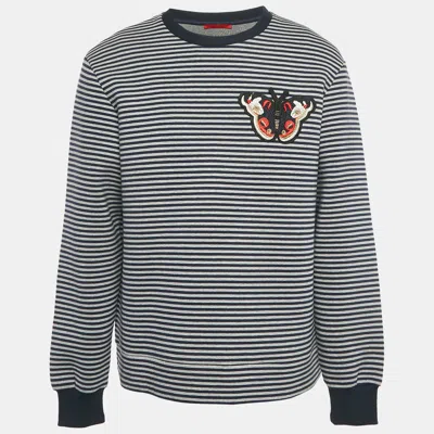 Pre-owned Ch Carolina Herrera Blue/grey Striped Neoprene Butterfly Applique Sweatshirt L