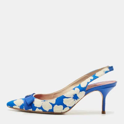 Pre-owned Ch Carolina Herrera Blue/white Canvas Bow Slingback Pumps Size 37