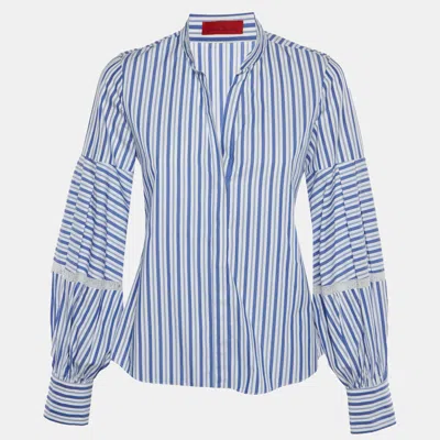 Pre-owned Ch Carolina Herrera Blue/white Striped Cotton And Lace Trim Blouse S
