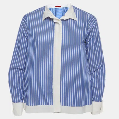 Pre-owned Ch Carolina Herrera Blue/white Striped Cotton Blouse Xs