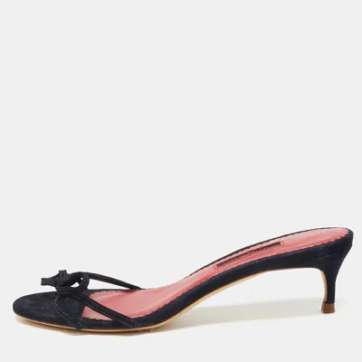 Pre-owned Ch Carolina Herrera Bow Size 36 Navy Blue Suede Slide Sandals
