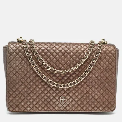 Pre-owned Ch Carolina Herrera Bronze Quilted Leather Flap Chain Shoulder Bag In Metallic