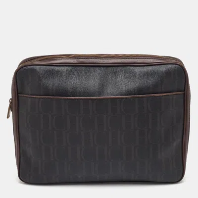 Pre-owned Ch Carolina Herrera Brown Coated Canvas And Leather Laptop/documents Holder Case