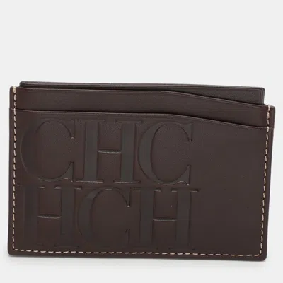 Ch Carolina Herrera Brown Leather Card Holder In Burgundy