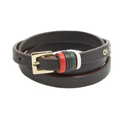 Ch Carolina Herrera Brown Leather Gold Tone Wrap Bracelet