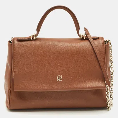 Ch Carolina Herrera Brown Leather Minuetto Flap Top Handle Bag