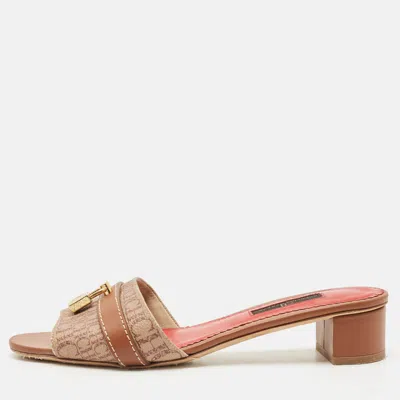 Pre-owned Ch Carolina Herrera Brown Monogram Canvas Matryoshka Locked Slide Sandals Size 38