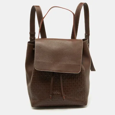 Pre-owned Ch Carolina Herrera Brown Monogram Embossed Leather Flap Backpack