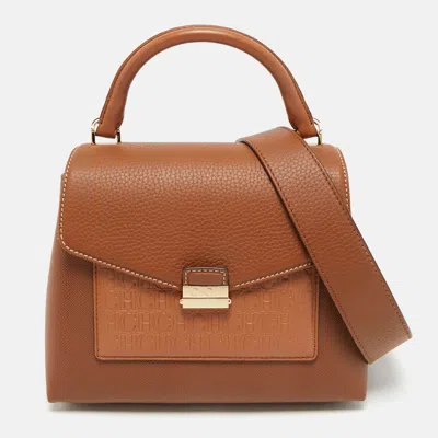 Pre-owned Ch Carolina Herrera Brown Monogram Embossed Leather Small Top Handle Bag