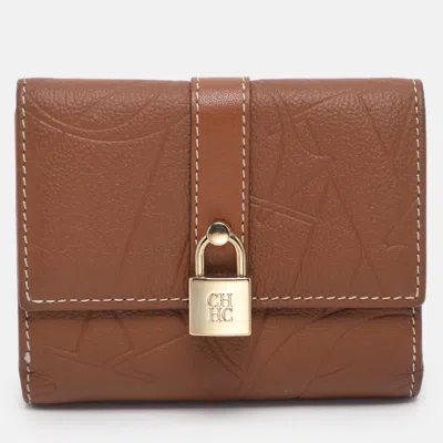Ch Carolina Herrera Brown Monogram Leather Matryoshka Lock Compact Wallet